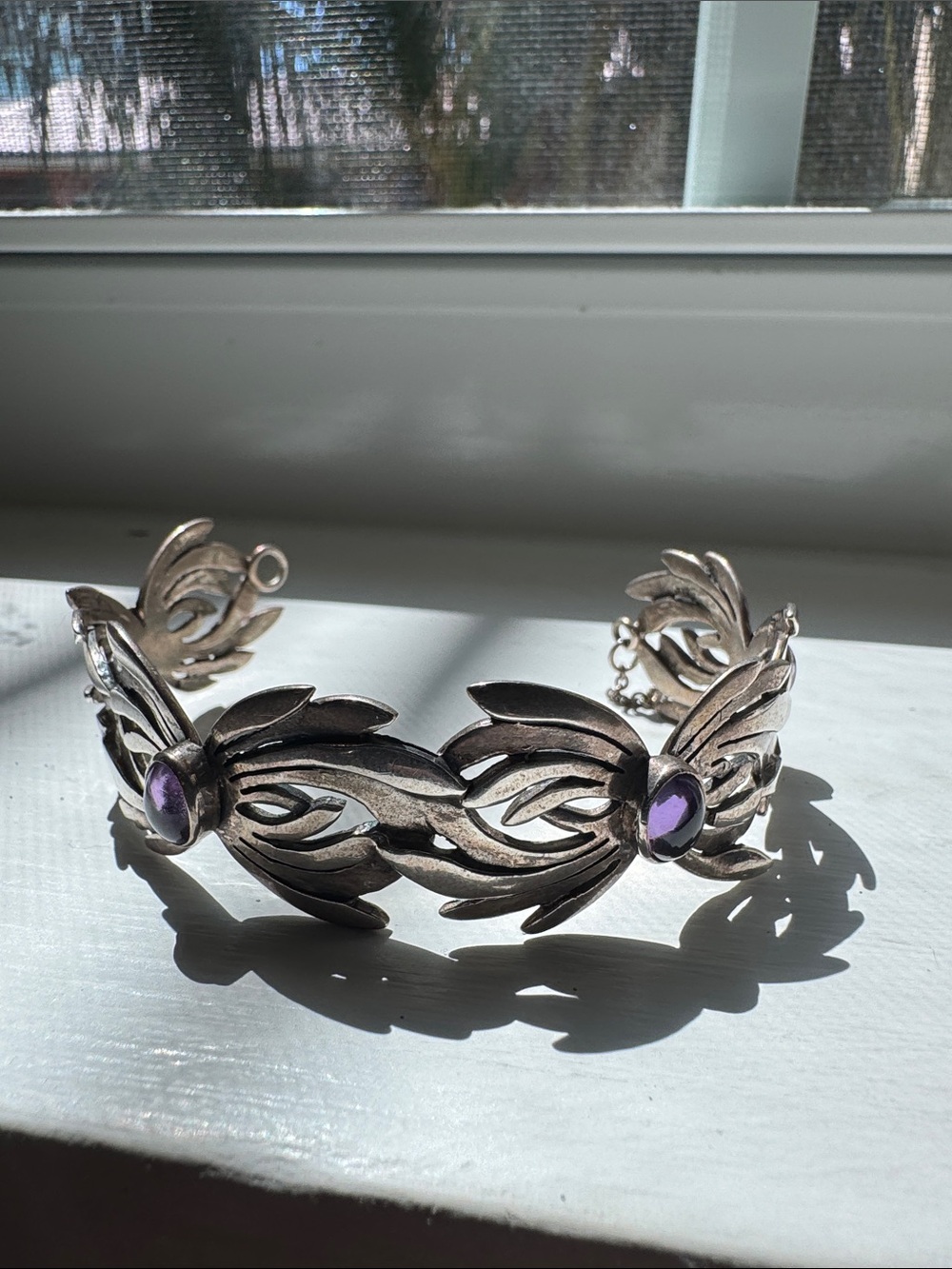 Vintage Taxco Mexican sterling silver 925 and amethyst repoussé link Bracelet